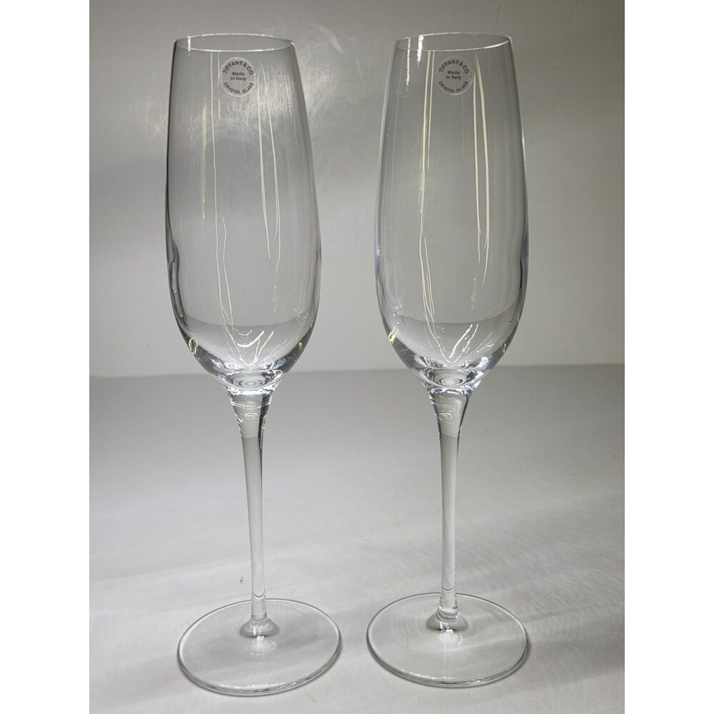 Pair Of Tiffany & Co Champagne Flutes Toasting Crystal Made In Italy 9 5/8" Set